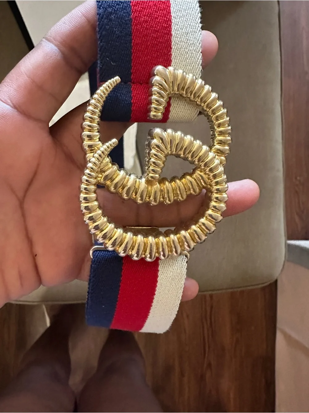 Gucci Navy, Red & White Web Belt with Gold Double G Buckle